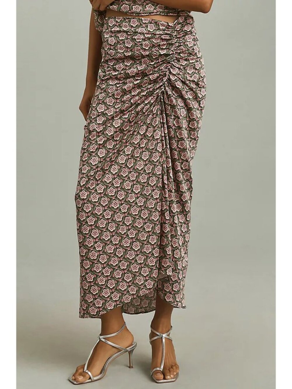 New Anthro Geo Floral Ruched Satin Maxi Skirt Large $148